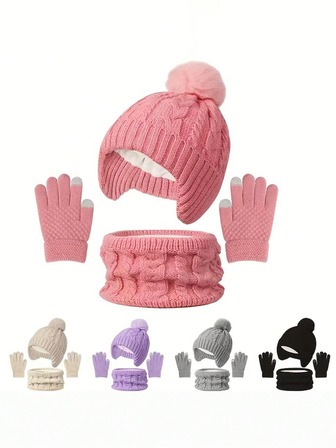 Conjunto de 3 piezas de gorro, bufanda y guantes de invierno para niños, nuevo diseño 2025, cálido y a prueba de viento, tejido, adecuado para exteriores, apto para niños y niñas de 3 a 10 años