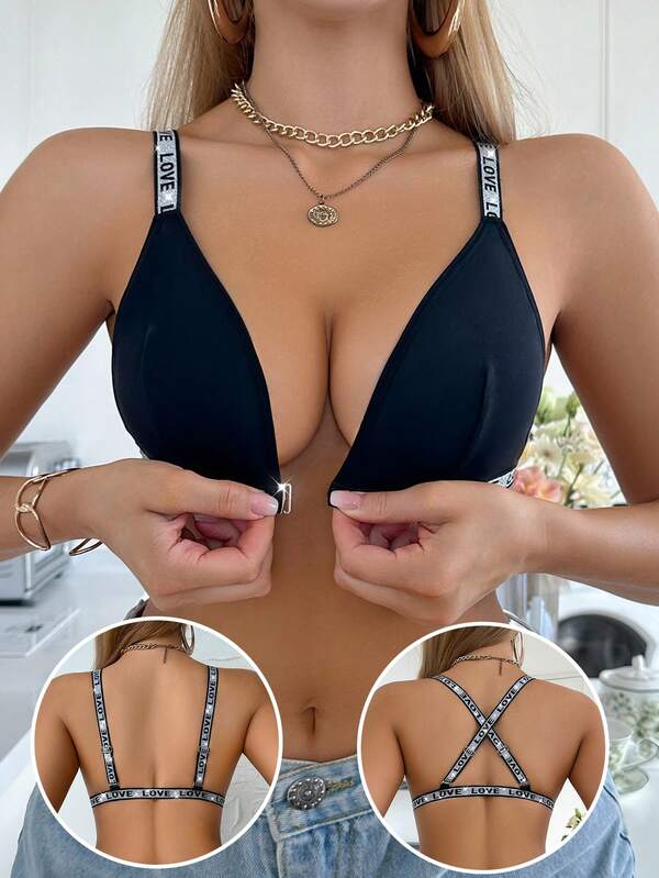 1 pieza Lencería de mujer con cuello en V y cinta plateada, sujetador sexy y lujoso con múltiples formas de usar