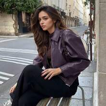 Manneqi 复古美式休闲时尚翻领拉链紫色皮夹克女短款外套 - 紫色 - 查看 4