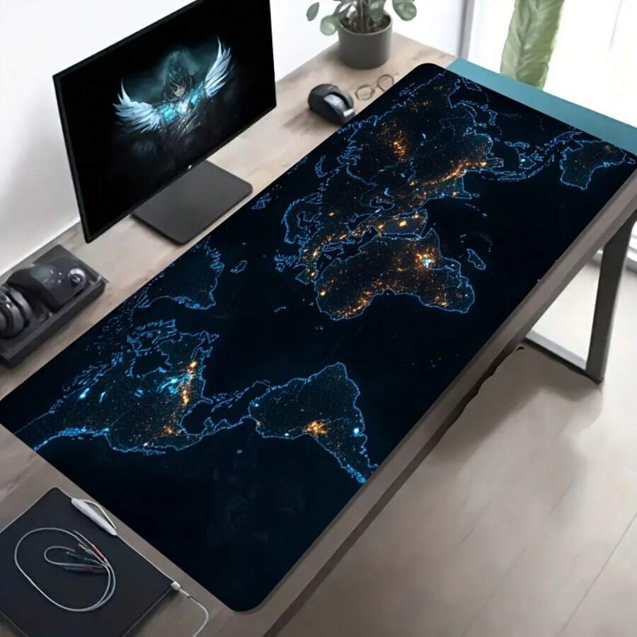 1 件装大型游戏鼠标垫,带发光世界地图 - 不可水洗表面,超大桌面垫,适用于电脑、办公和游戏 - 海军蓝底色,金色大陆图案 - 专业游戏玩家和学生的理想礼物 - 彩色 - 查看 1