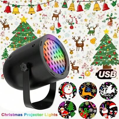 Emslaser Luz de proyección navideña USB, proyector LED rotativo dinámico con carcasa negra y 12 patrones navideños, luz decorativa de ambiente interior y exterior, adecuada para fiestas, hogar, sala de estar, regalo de cumpleaños infantil
