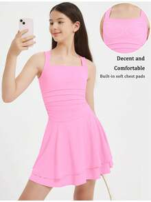 EXARUS Girls' Dress 2025 Summer New Style Party Neck/Scarf Neck Double Design Dress Ruffled Flowing Hem Short A-Line Skirt Pleated Solid Color Sleeveless Suspender Dress Suitable For 8-14 Years Old - 粉紅色-54 - 查看 5