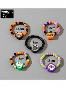 5 Pieces /Set Halloween Pumpkin Beaded Ring Cartoon Fun And Funny Skull Spider Elastic Resin Ring Set