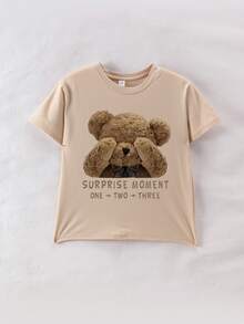 Tween Girls' Casual Minimalist Cartoon Bear Graphic Slogan Print Crew Neck Short Sleeve T-Shirt, Spring/Summer New Arrival - Apricot - View 2