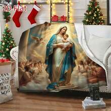 1pc High Quality Flannel Blanket Virgin Mary With Baby Jesus Religious Print White Single Side Printed Blanket For Home Decor Halloween Decoration Christmas Decoration Bohemian Style Retro Curtain All Season Decor Festival Gift Machine Washable - White - View 2
