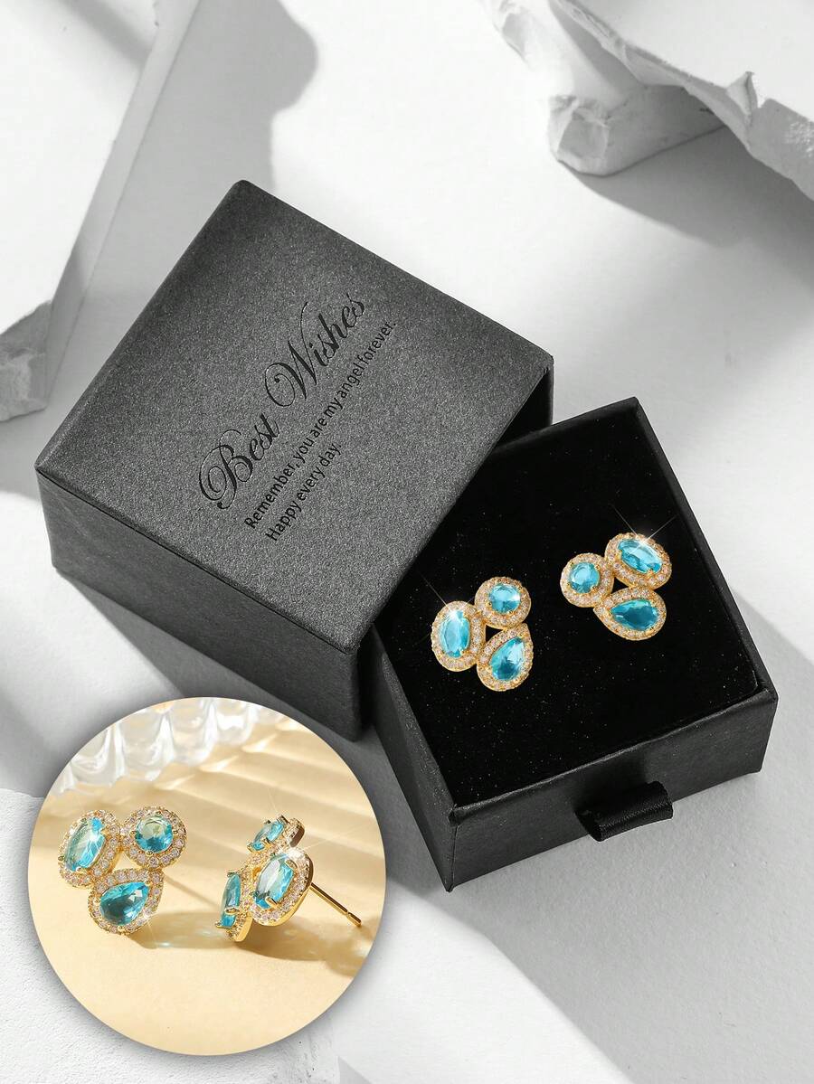 Bộ 2 bông tai đính đá Cubic Zirconia lấp lánh sang trọng, trang sức cho nữ dự tiệc cưới, thích hợp làm quà tặng ngày lễ - Vàng - Xem 1