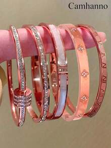 Camhanno 5pcs/Set Gelang Stainless Steel Aneka Warna yang Dipersonalisasi, Desain Unik, Modis dan Serbaguna, Indah dan Elegan, Pilihan Hadiah Ideal, Tidak Pudar. - Rose Gold - View 20