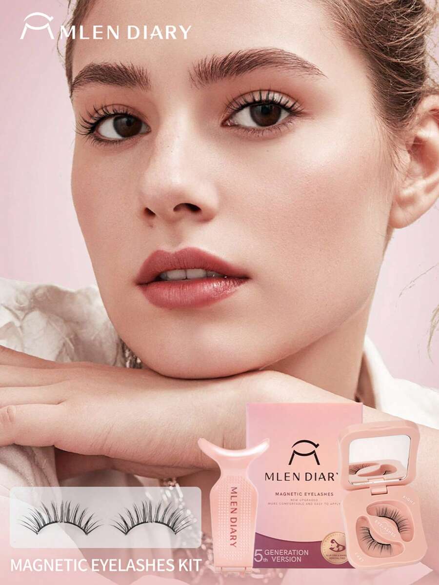 Bộ mi giả từ tính Mlen Diary, mi giả tái sử dụng 10.5-12mm, không cần kẻ mắt, mi giả từ tính kép 3D cải tiến, cụm mi không cần keo, tạo lớp trang điểm tự nhiên nhẹ nhàng (Màu hoa đào) Mi giả dạng dải