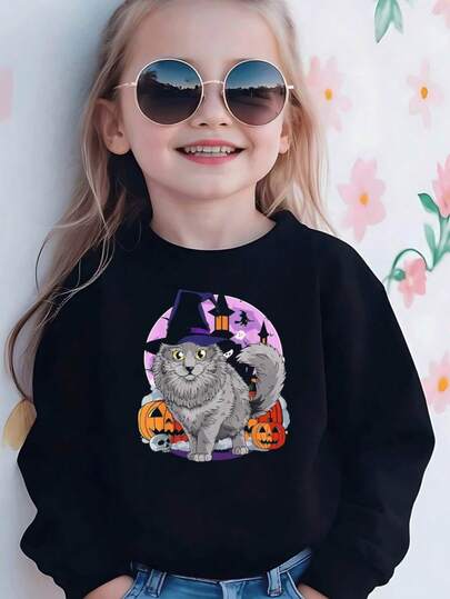 KID004|Sudadera infantil de moda | Cómoda y cálida | Adecuada para uso diario y regreso a clases | Halloween | NavidadCamiseta para niños con dibujo atractivo de gato brujo y calabazas, perfecta para la fiesta de Halloween