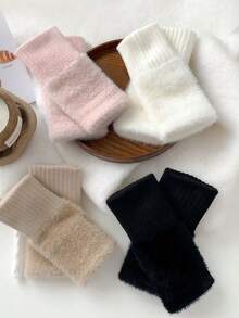 1 Pair New Mink Fleece Half Finger Gloves For Women's Soft Winter Warmth Luxury Solid Color Plush Knitted Fingerless Gloves ,Warm Woolen Half Finger Gloves, Women's Winter Plush Knitted Handguard, Wrist Leak Finger, Versatile Touch Screen, Office, Student Writing - 彩色 - 查看 6