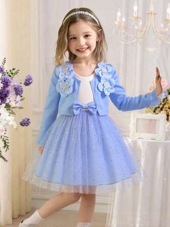 BASUSARRI 2 件年轻女孩优雅薄纱公主裙套装，无袖吊带背心裙和长袖开衫套装，时尚优雅公主风格，春秋季