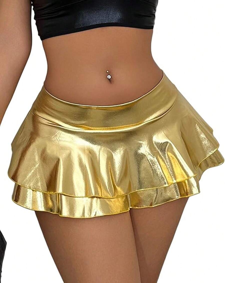 Women's Metallic PU Leather Mini Skirt - Ultra Short High Waisted Stretchy Clubwear Sexy Party Outfit - 金色 - 查看 1