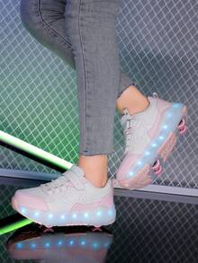 Teenagers' LED Light Up Roller Skate Shoes With Wheels, Retractable For Spring, Summer, Autumn And Winter, All-Season LED Light Wheels Sports Shoes With Fashionable Street Style Plaid, Equipped With Hook And Loop And Rechargeable Lithium Polymer Battery, Low-Top Roller Skating Outdoor Shoes With Breathable PU Upper And Durable TPR Sole - Hồng - Xem 6