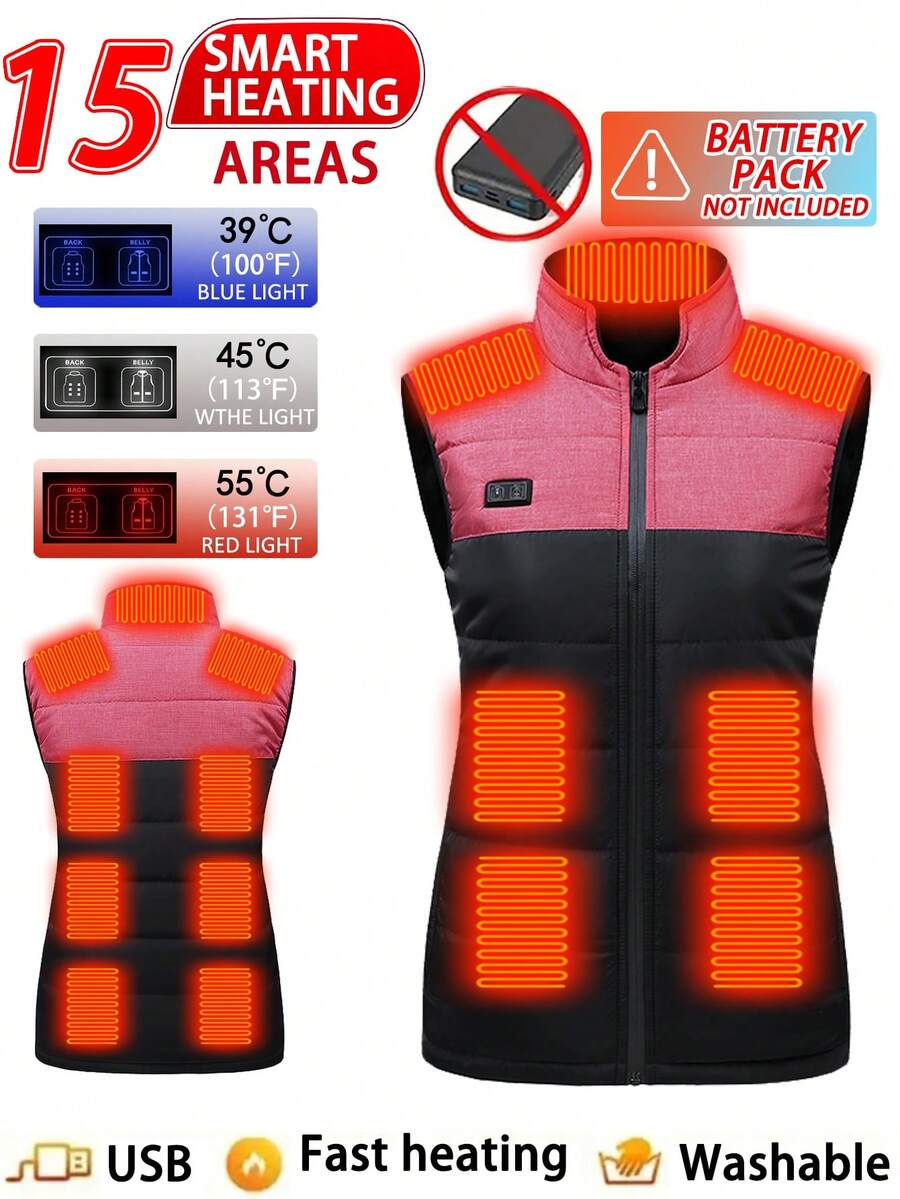 Women's Casual Color Block Heated Vest, Dual Control 95 Area Heating Jacket For Winter Warmth