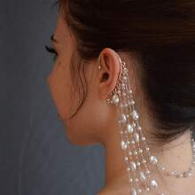 1pc Pearl Ear Hooks No Piercing Exquisite High-End Elegant Bride Wedding Tassel Earrings - 銀色 - 查看 4