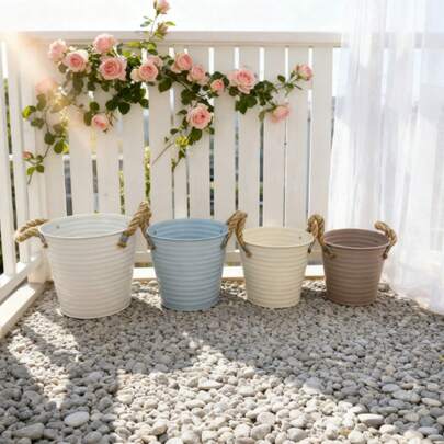 一套四件纯色铁艺花盆 | 购买花盆，赠送一把小铲子。实用辅助工具，让园艺更轻松。| 创意DIY桌面摆件，独特铁罐，适合种植多肉植物/小型绿植，点亮书桌角落和窗台。