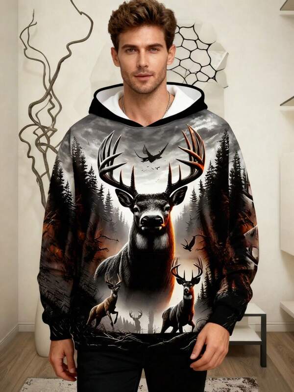 Herren Hirsch Muster Kapuzenpullover, lässiger Sportpullover geeignet für Outdoor und Alltag, Frühling/Herbst