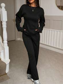 两件套女士黑色圆领长袖上衣搭配收腰中长运动裤，优雅女士休闲套装 - 黑色 - 查看 6