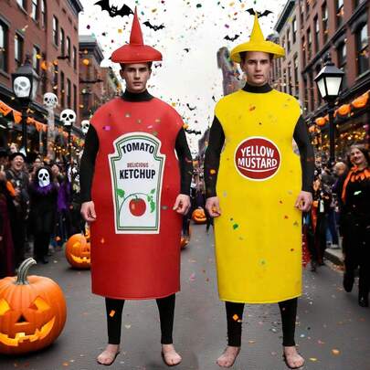 Halloween Adult Men Women Funny Cerative Dress Up Dress-Up-Mustard Ketchup Bottle Costume - Mustard Tomato Ketchup Unisex Dress Up - Adult Sizes, Party Dress