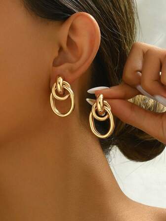 1pair Fashionable Gold Tone Metal Multi-Turn Knotted Design Stud Earrings For Women, Double Hoop Studs, Statement Dangling Earrings, Unique Earrings.(The Color Of The Product May Vary Slightly Under Different Displays/Lighting Conditions)