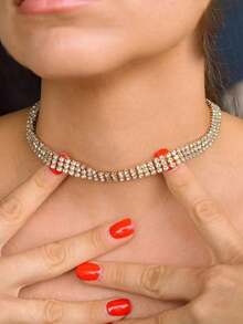 1pc Women's 3-Row Sparkling Zirconia Rhinestone Necklace, Silver Color, Suitable For Vacation, Evening Party - G-white*1PC - View 4