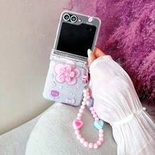 New Bee & Bow Flower Folding Phone Case With Chain, Suitable For Samsung Galaxy Z Flip3 5G/Galaxy Z Flip 4 5G/Galaxy Z Flip 5 5G/Galaxy Z Flip 6 5G/Galaxy Z Flip 7 5G, Cute & Fresh Folding Phone Case