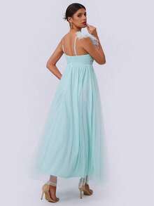 Women's Summer Solid Color Asymmetric Collar Mesh Patchwork Long Cap Sleeve Dress Elegant - Mint Green - View 5