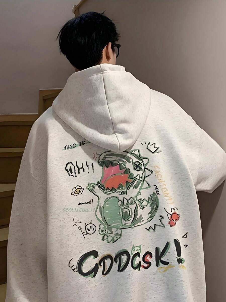Men's Casual Streetwear Hoodie With Slogan Print, Pockets, And Drawstring, Perfect For Spring And Autumn, Or Back To School. - Màu Xám nhạt - Xem 1