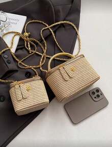 1pc New Minimalist Casual Versatile Woven Straw Lunch Box Bag, Chain Strap Shoulder Crossbody Bag, Holiday Best Seller Small Shoulder Crossbody Bag - 卡其色 - 查看 4