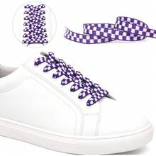 YJRVFINE Flat Checkered Shoe Laces: Wide 5/16" Patterned Shoelaces For Sneakers - 04 Tím Trắng-1 Đôi - Xem 3