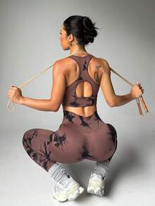 UONNOU Two Pieces Women's Sports Bra And Leggings With Seamless Tie-Dye Back Design, Featuring Lift, Shock Absorption And Hip-Lifting Effects, For Outdoor, Yoga And Daily Wear, All-Season Use. - Brown - View 2