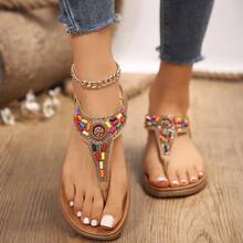 Women's Sandals New Retro Casual Roman Flat Non-Slip Fashion Beaded  Large Size Flip-Flops Beach Shoes - Màu vàng - Xem 2