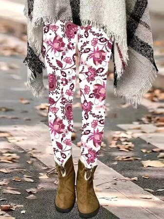 Women's Floral Print Leggings Sexy Skinny Fit Knit Fabric, All-Season Geometric Pattern High Waist Long Leggings