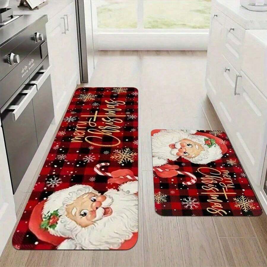 1/2/3pcs Christmas Plaid Santa Claus Kitchen Mat Set, Non-Slip Christmas And Winter Kitchen Rug, Comfortable Carpet For Hallway Entrance, Door And Bathroom, Perfect Choice For Holiday Party Decoration Bathroom Kitchen Decor - Multicolor - View 1