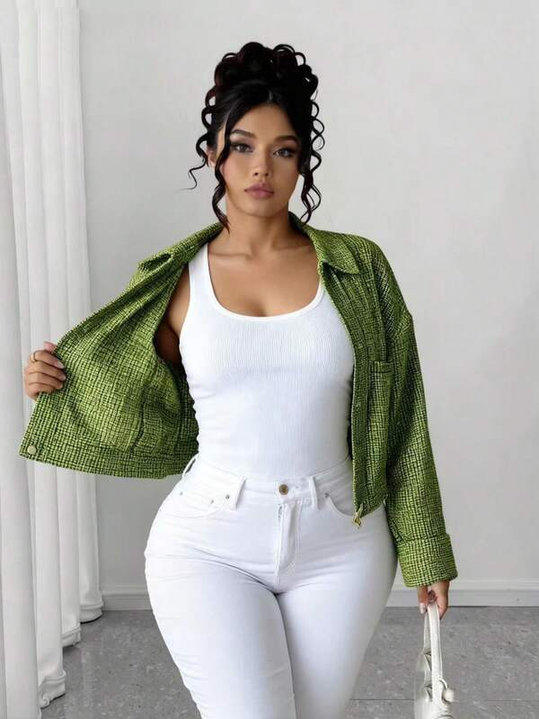 秋季大码女式格子落肩长袖拉链短款夹克