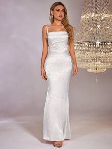 PARTHEA Đầm maxi satin jacquard hở lưng với dây đeo chéo - trắng - Xem 3