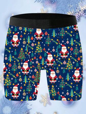 Naughty And Cute Home Leisure Men's Long Boxer Briefs, Milk Silk Knitted Fabric, Soft And Skin-Friendly, Quick-Drying And Breathable, Santa Claus Pattern Print, 1 Pack Of Men's Novelty Shorts