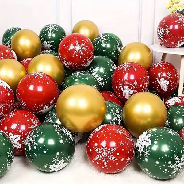 Conjunto de 22 balões de látex festivos - Vermelho, Verde, Dourado, com Papai Noel, Árvore de Natal, Sinos e Flocos de Neve, Ideal para Decoração de Festas de Fim de Ano