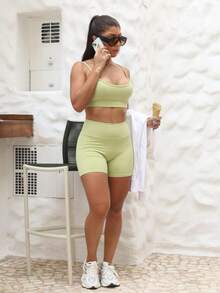 Conjunto Fitness Feminino Top Short Meia Coxa Cintura Alta Academia Esporte