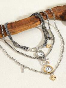 ZAA 手表爱心吊坠多层复古风别针不对称水钻项链，时尚新款欧美简约吊坠项链，女士珠宝，日常及宴会佩戴项链 - 彩色 - 查看 4