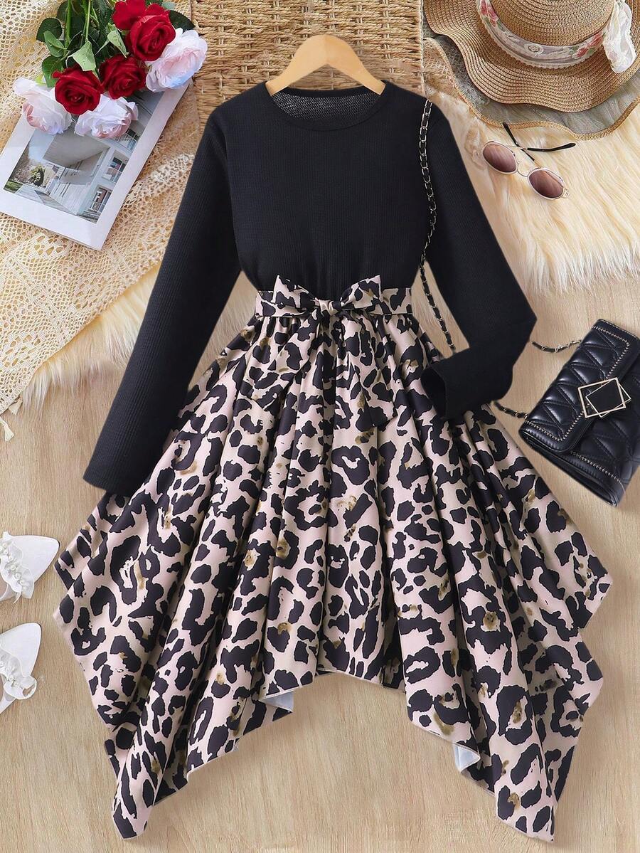 Tween Girls Casual Chic Leopard Print Asymmetrical Hem Long Sleeve Round Neck Vintage Dress, Autumn/Winter - Black - View 1