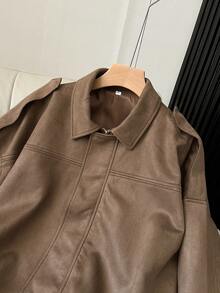 FGGG Brown Short Suede Jacket For Women Autumn Winter Stitched Collar With Long Sleeves Relaxed Fit Versatile Layering Women's Top For Casual Outings Gatherings And Commuting