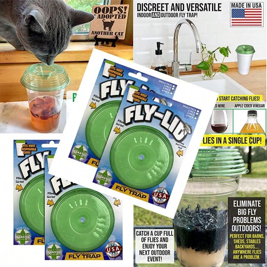 Fly Lid - Turn Almost Any Cup Into A Fly Trap. Indoor And Outdoor Use - 3 Lids Per Pack 6 Lids Total. Great For Fruit Flies And House Flies! - 綠色 - 查看 1