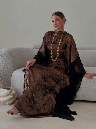 女士端庄长款阿巴雅长裙，长袖，飘逸梭织面料，适合特殊场合穿着