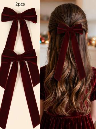 2pcs Premium Velve Hair Bow For Girls Wine Red Elegant Bow Hair Clips With Long Tail Solid Color Alligator Clips Soft Velve Hair Barrettes Sweet Girls Casual Autumn Winter Hairpins Teens Hair Accessories.