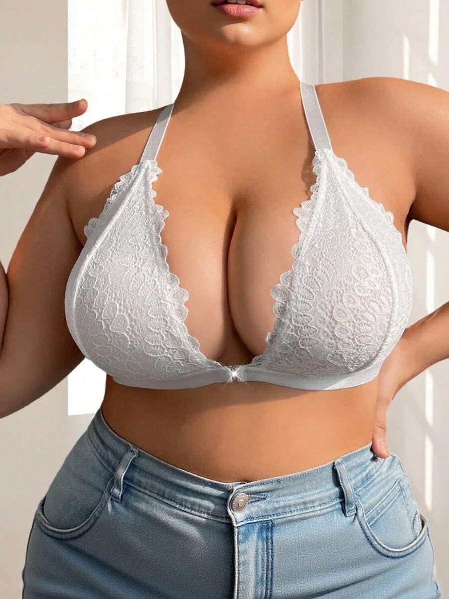 1pc Women's Plus Size Bra, Deep V, Black Lace Material, Vest Front Button, Back Triangle Cross Shoulder Strap, Fashionable And Sexy, Stylish & Sexy, Lingerie, For Daily Wear & Special Occasions