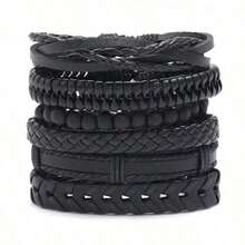 6PCs Vintage Black Woven Leather Bracelet DIY Combination Set For Men - Black - 查看 4
