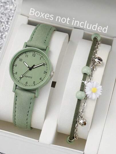 Set de 2 piezas: Reloj de cuarzo con esfera numérica de moda para mujer + Pulsera con estampado floral, sin caja de reloj incluida