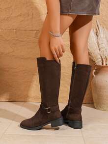 Fall/Winter 2025 New Vintage Thick Sole Comfortable Casual Elevated Mule Style Women's Knee-High Boots, Side Zipper Pointed Toe Block Heel, Slimming & Leg-Lengthening Fashion Boots - Coffee Brown - View 5