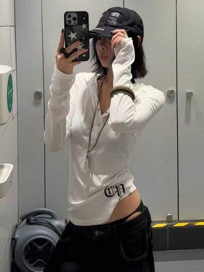 新款秋季女式简约美式朋克风格长袖连帽 T 恤，哥特式轻薄休闲短款上衣